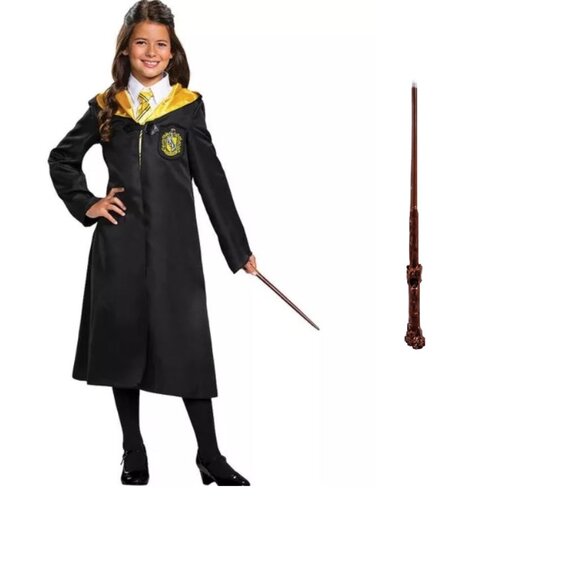 Harry Potter Hogwarts Robe & Light Up Wand Halloween Costume 7/8 Black Hooded - Picture 1 of 7